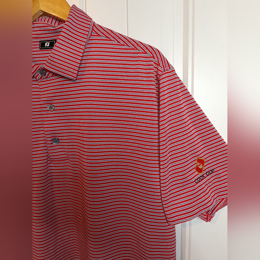 Large Dominion Club Cook Cup FootJoy Red Striped Polo Shirt Golf Casual Travel